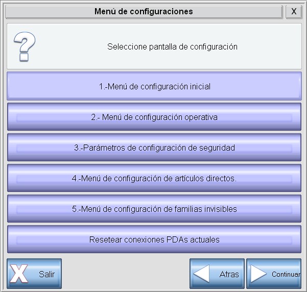 Pantalla de selección de tipo de configuración