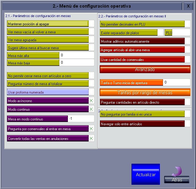 Pantalla de configuración operativa