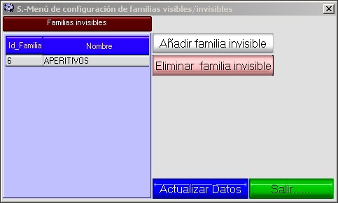 Pantalla de menú de configurqación de familias invisibles en raddar