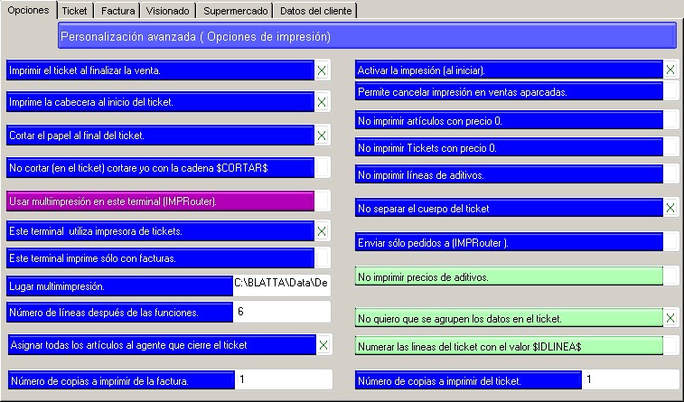 Pantalla de personalización:Impresión:Opciones