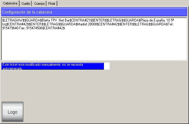 Pantalla de personalización:Impresión:Ticket:Cabecera