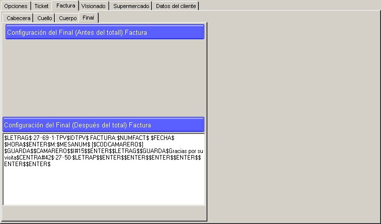 Pantalla de personalización:Impresión:Factura:Final