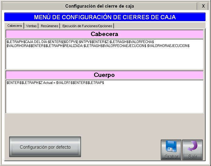 Pantalla funcionamiento: Cierres de caja XZ: Cabecera
