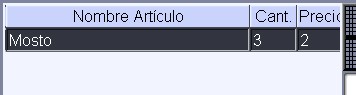 TPV grid de venta: Mostrando articulos mosto con cantidad 2