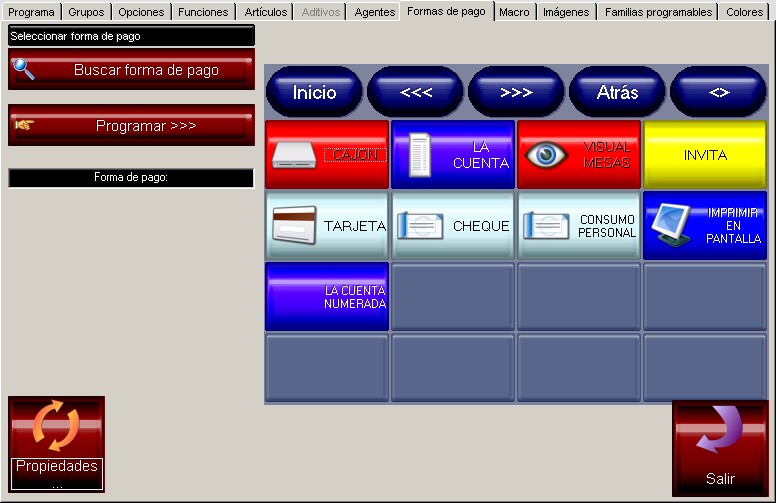 Pantalla configuración tactil: Formas de pago