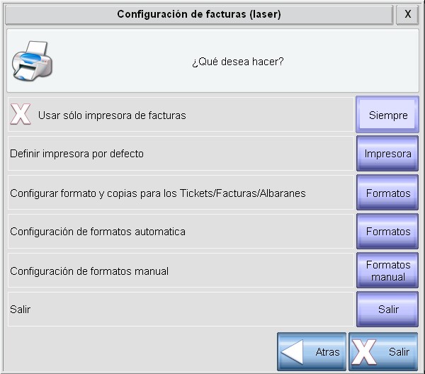 Pantalla configuración de impresión láser