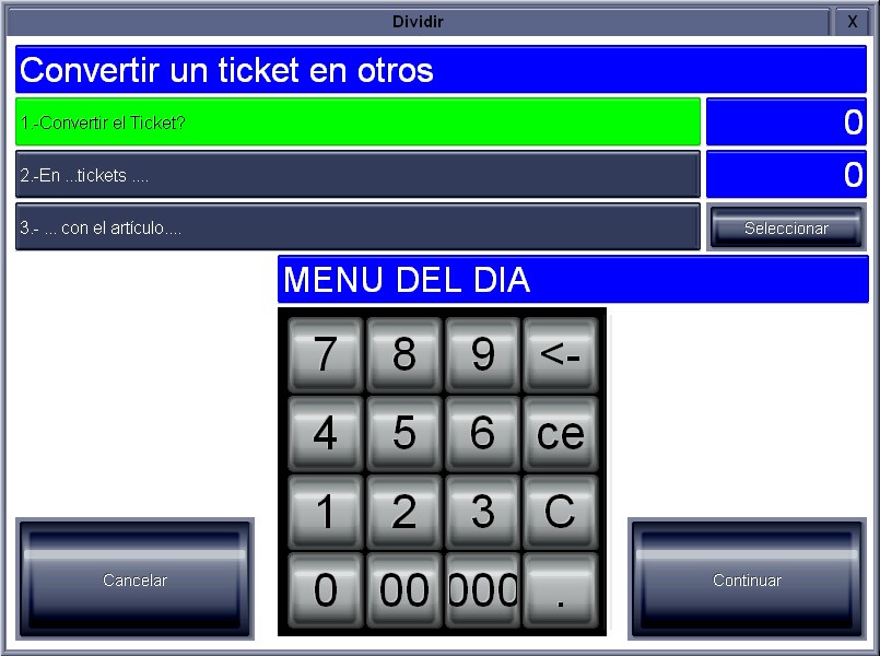 Pantalla de división del ticket