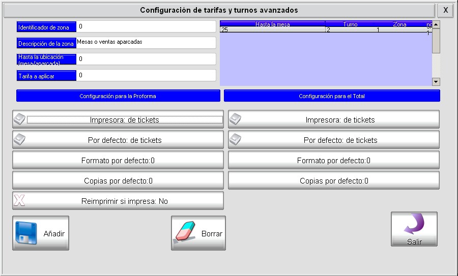 Pantalla de tarifas por zona