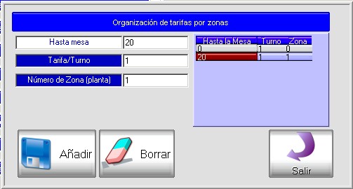 Añadir tarifa para venta para la zona 1 hasta la mesa 20