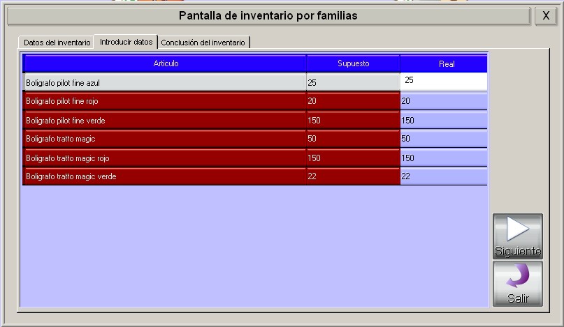 Pantalla de introducción de datos del inventario general