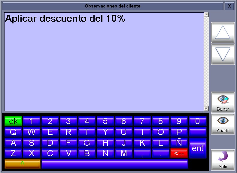 Pantalla de gestión de observaciones