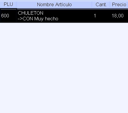 Muestra del pedido en pantalla