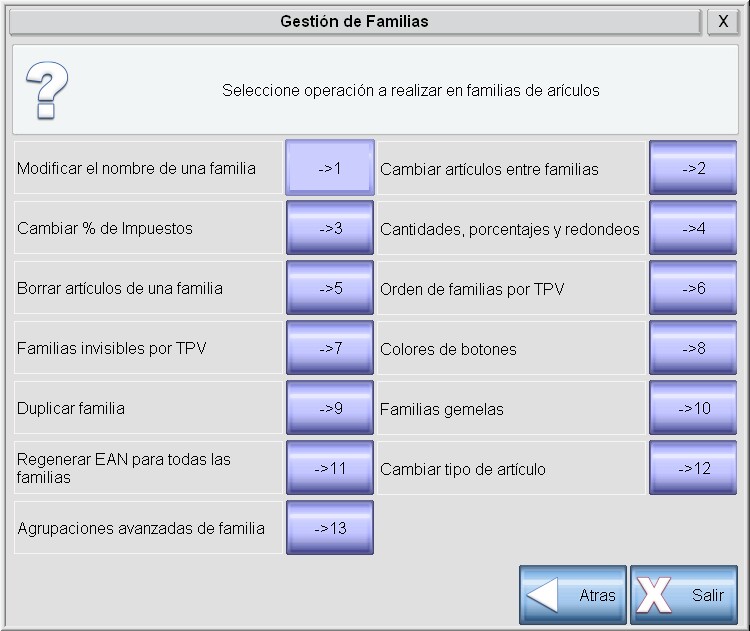 Pantalla de gestión de familias avanzado