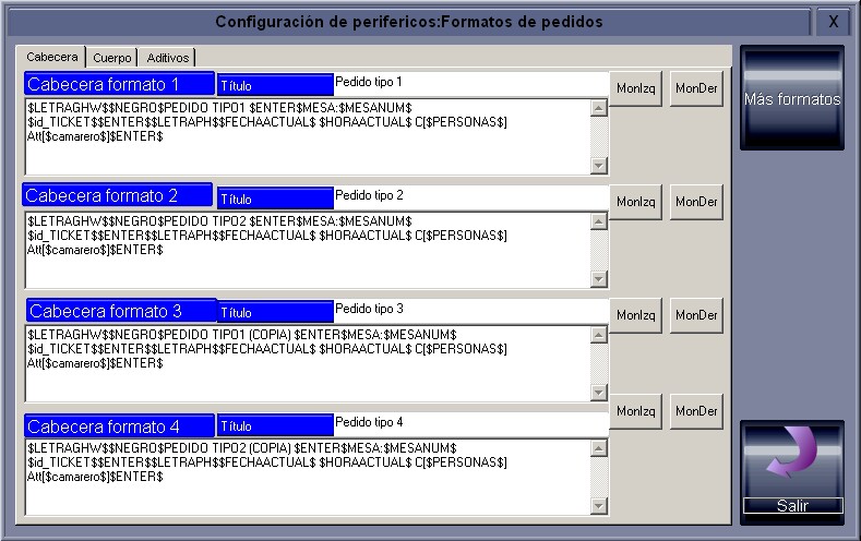 Pantalla de configuración de formatos de pedidos