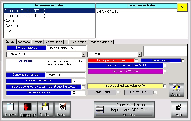 Pantalla de configuración de impresoras