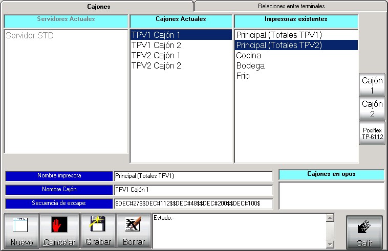 Pantalla de configuración y alta de cajones portamonedas