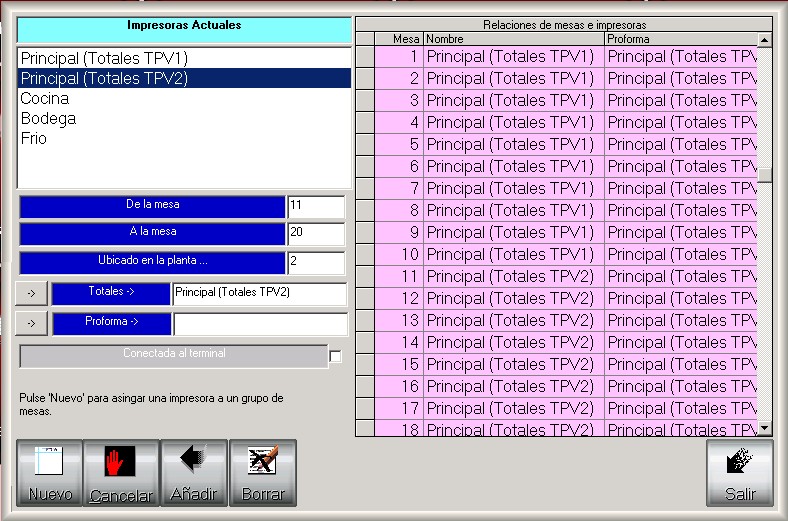 Pantalla de configuración de envio de totales y proforma a impresoras