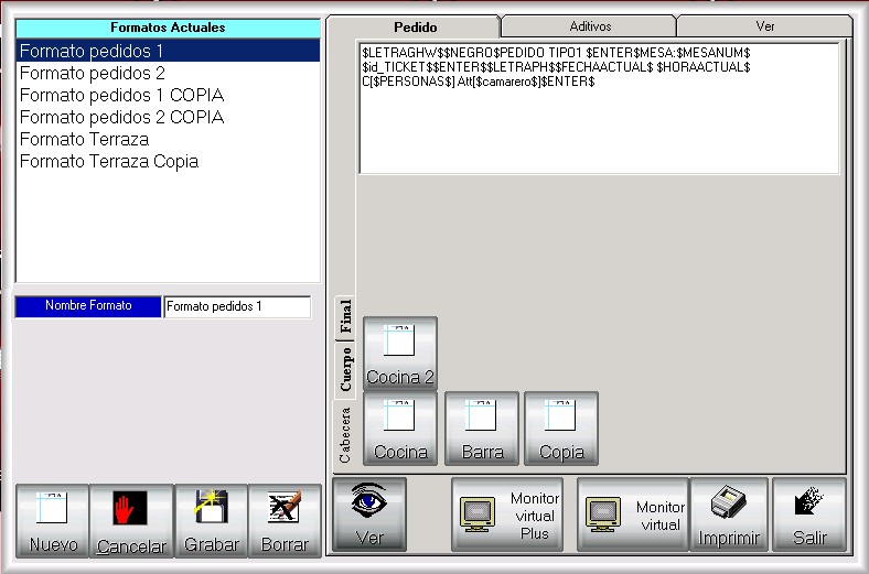 Pantalla de configuración de formatos de pedidos