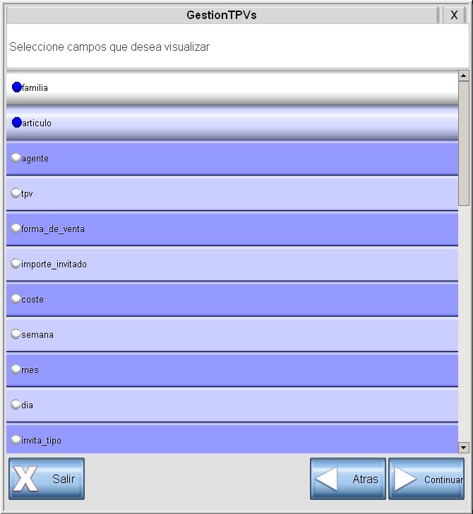 Pantalla de posibles datos a visualizar