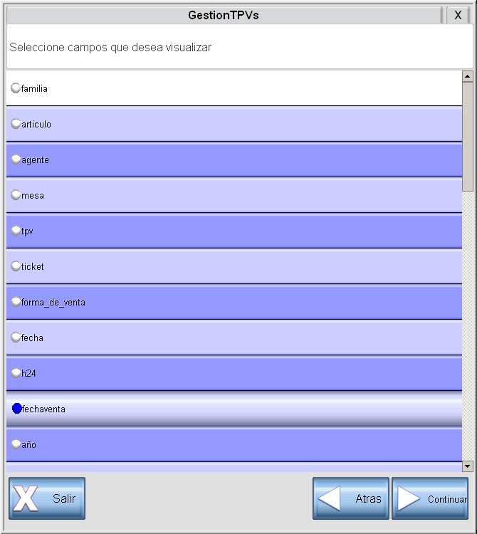 Pantalla de posibles datos a visualizar