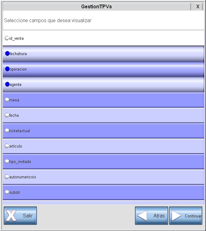 Pantalla de posibles datos a visualizar