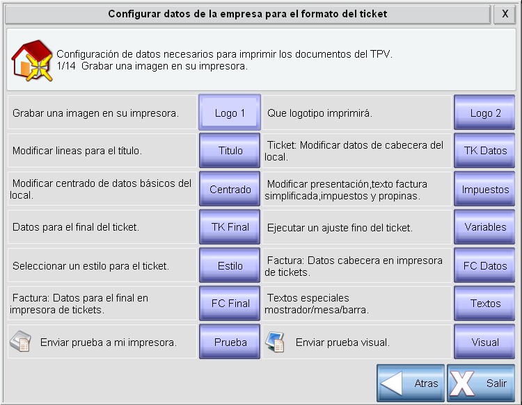 Pantalla para configurar datos de la empresa para el formato del ticket