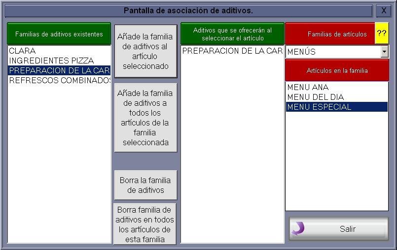 GTPV Menú de artículos: Botón de aditivos:Asociación: Asociación artículo