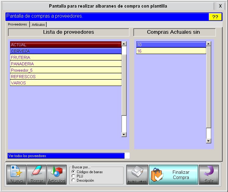 GTPV Menú Compras, compras con plantilla:proveedores