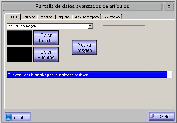 Pantalla de datos avanzados de artículos