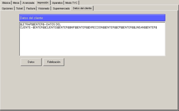 Pantalla de personalización:Impresión:Datos de cliente