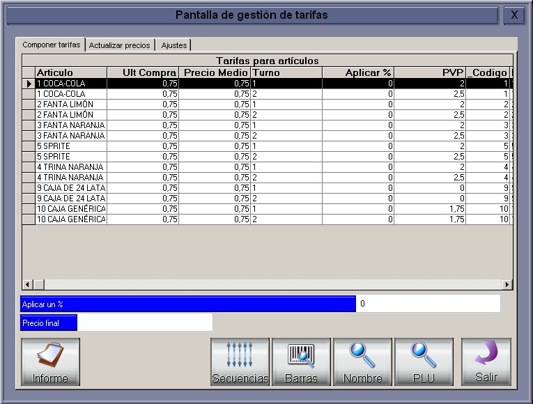 Pantalla de Gestión de Tarifas de Artículos