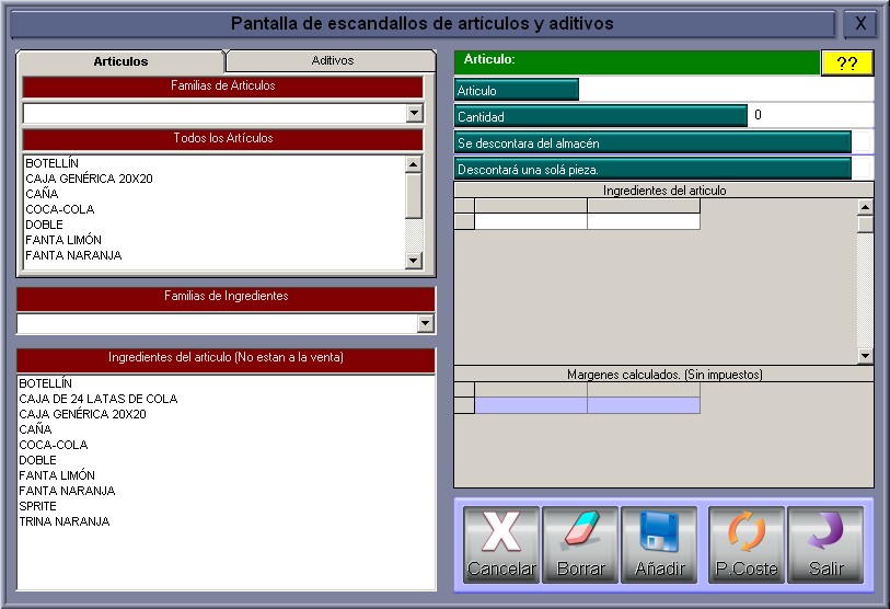 Pantalla de Gestión de Escandallos de Artículos y Aditivos