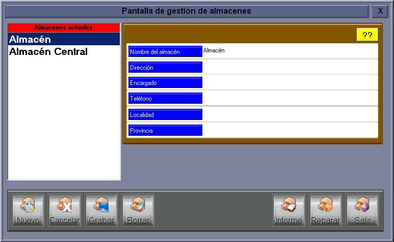 Pantalla de Alta de Almacenes