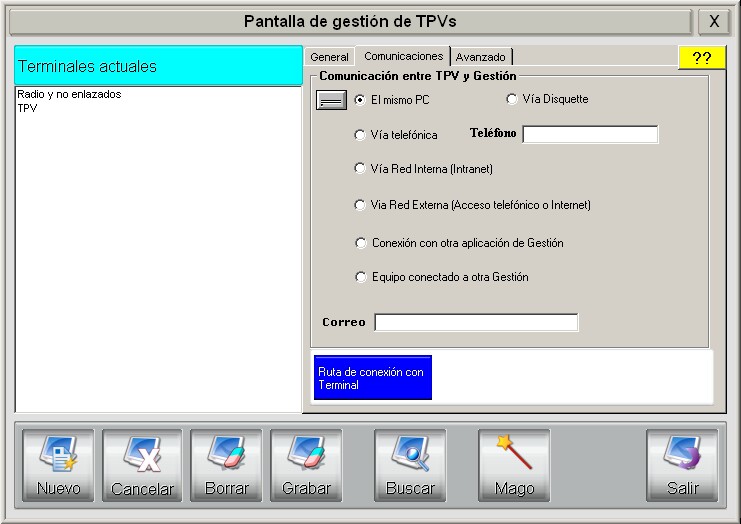 Pantalla Gestión Terminales: Pestaña Comunicaciones