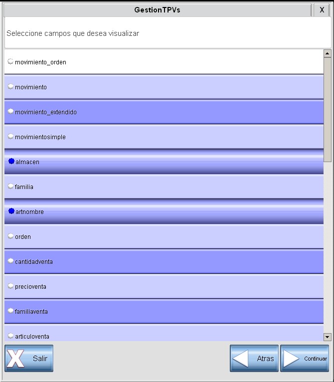 Pantalla de posibles datos a visualizar