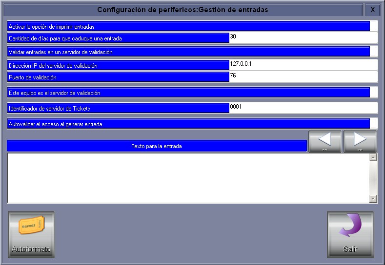 Pantalla de configuración de tickets de entrada