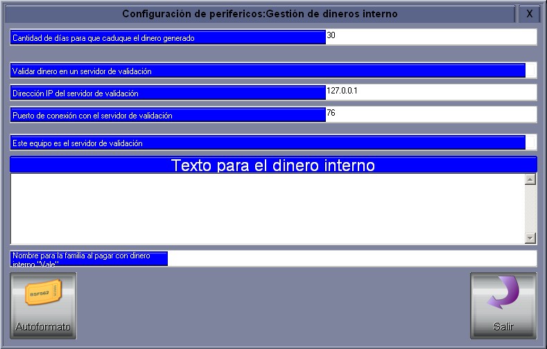 Pantalla de configuración de dinero interno